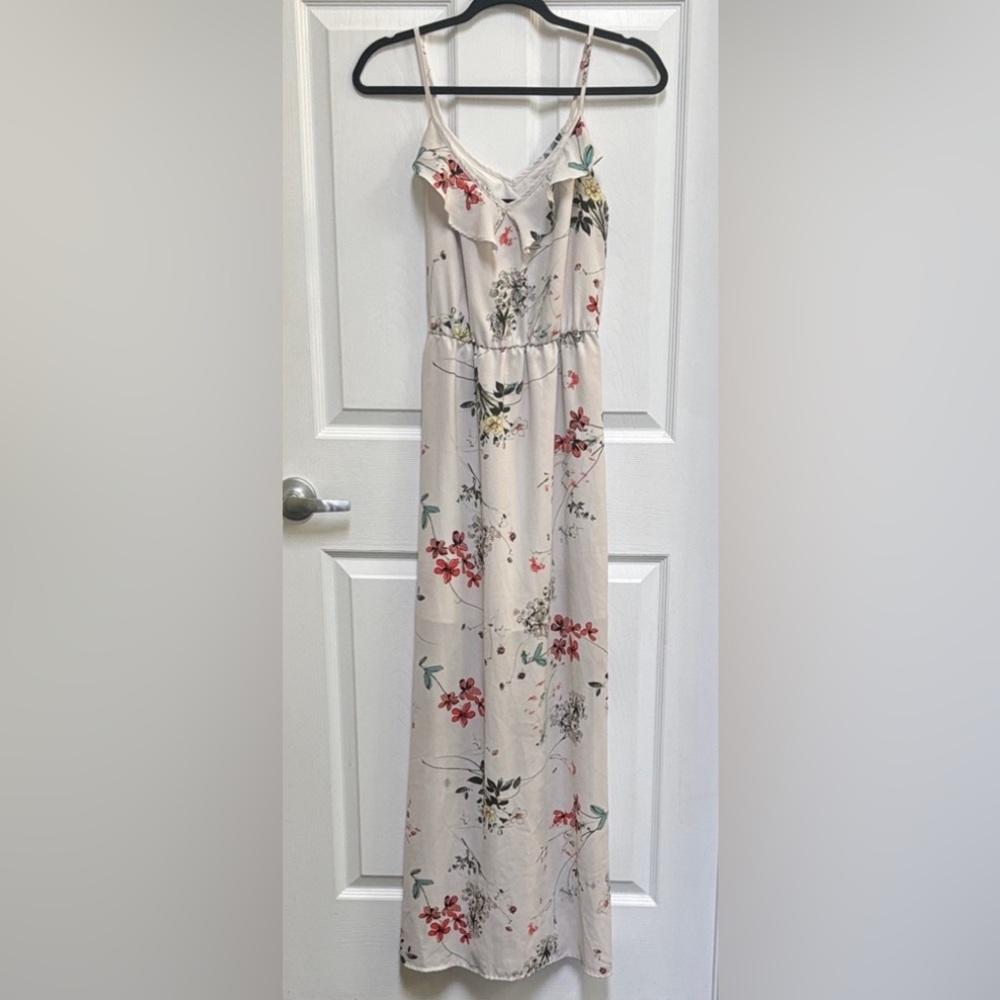 Dynamite Cream Floral Tie-Waist Maxi Dress with Pink & Green Accents